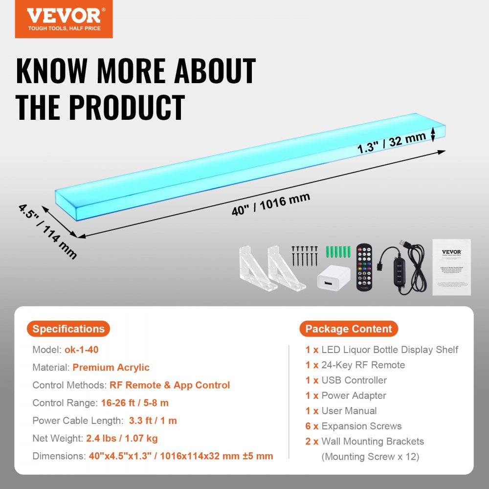 ok-1-40 - LED Lighted 40" Acrylic Bar Shelf with App Control