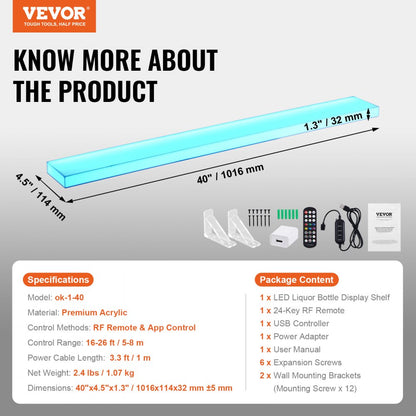 ok-1-40 - LED Lighted 40" Acrylic Bar Shelf with App Control