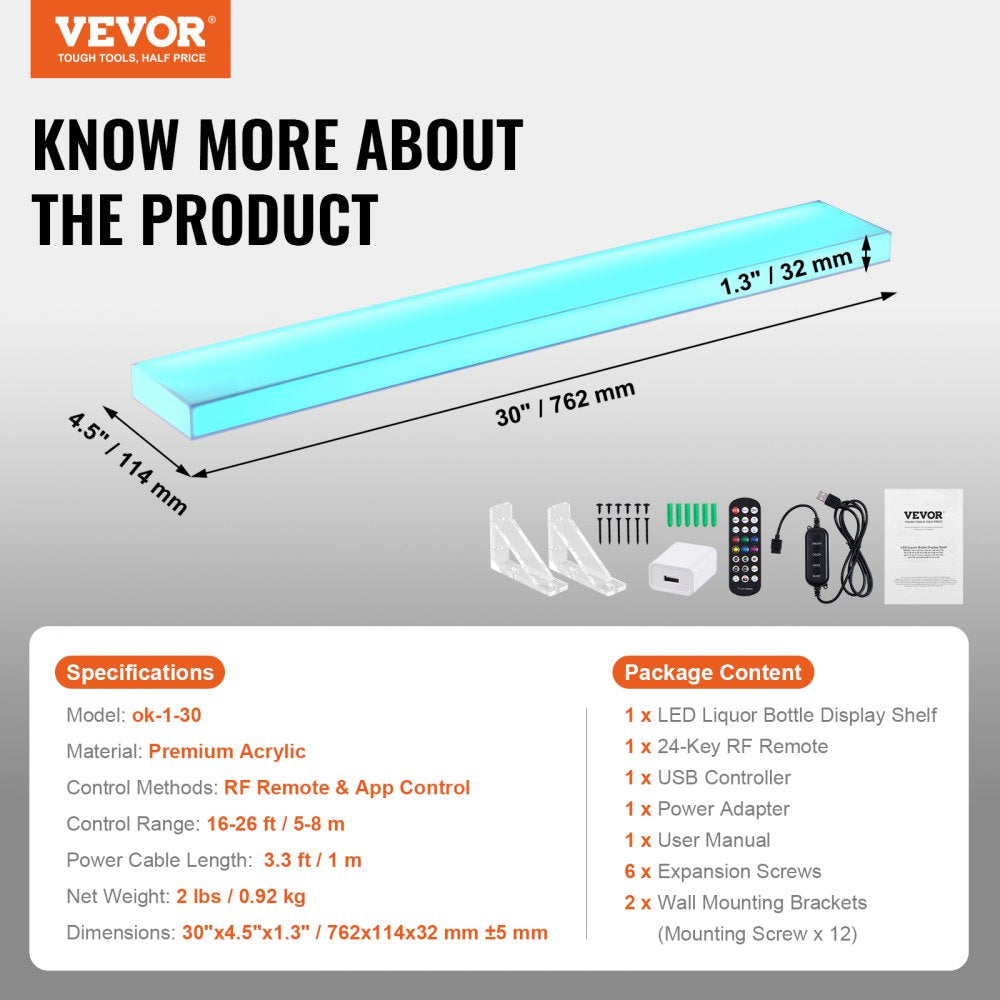 ok-1-30 - 30" LED Lighted Liquor Display Shelf with App Control