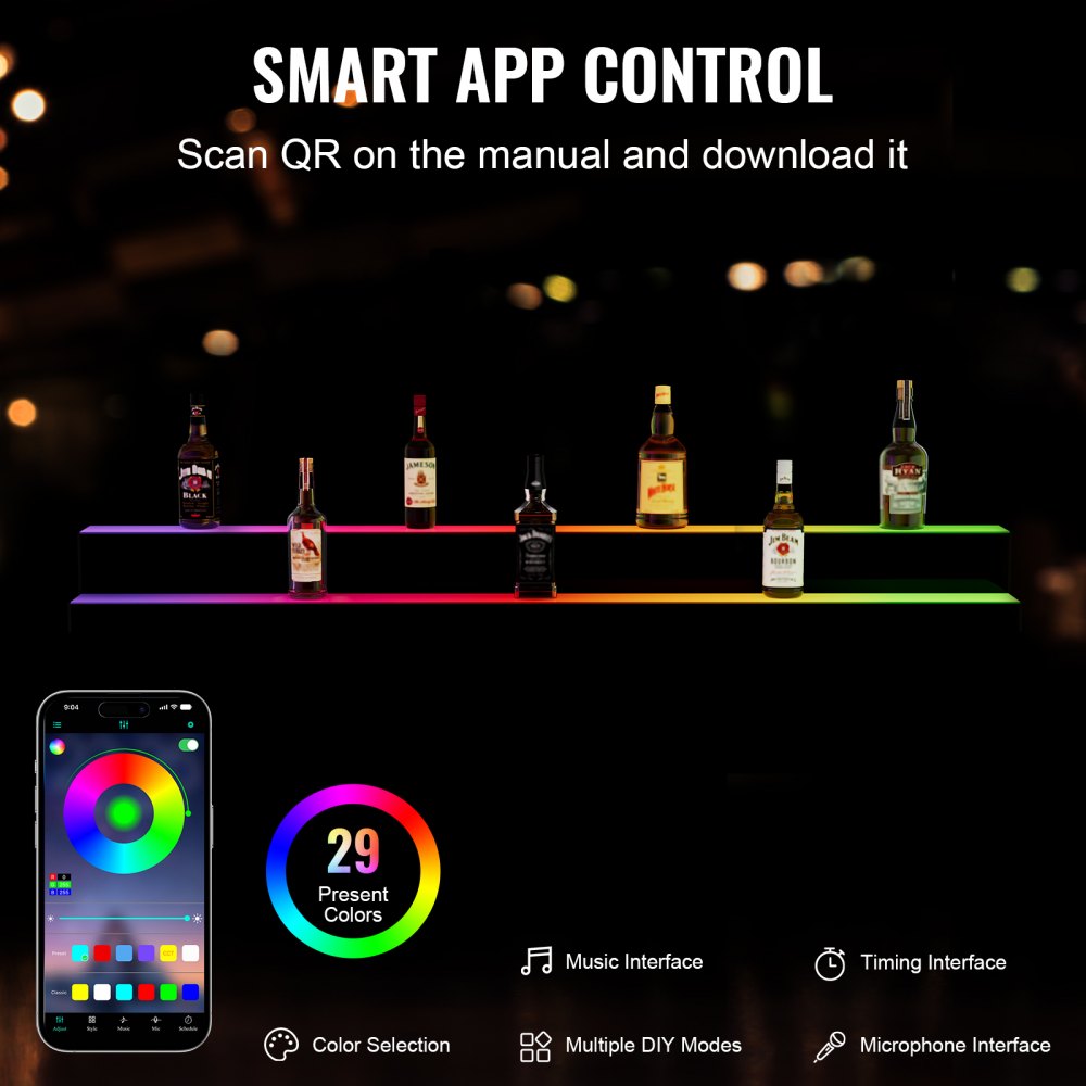 ok-2-60 - 60" LED Liquor Bottle Shelf with Remote & App Control