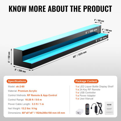 ok-2-60 - 60" LED Liquor Bottle Shelf with Remote & App Control