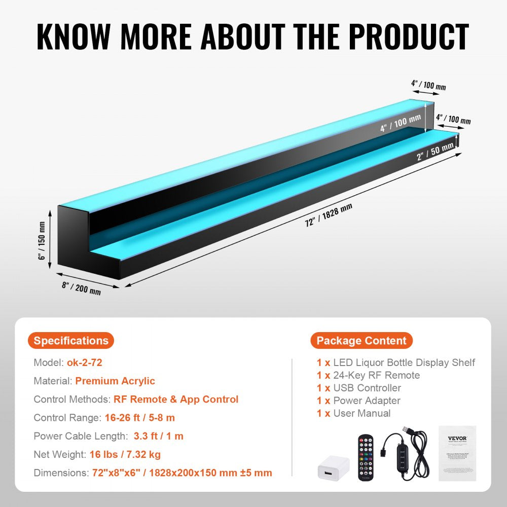 ok-2-72 - 72" LED Bar Shelf with App Control & Multicolor Lighting