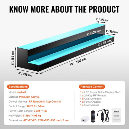 ok-2-48 - 48" LED Liquor Bottle Display Shelf with RF/App Control