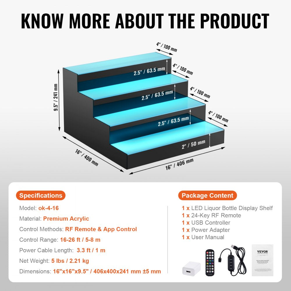 ok-4-16 - 16" LED Liquor Bottle Display Shelf with App Control