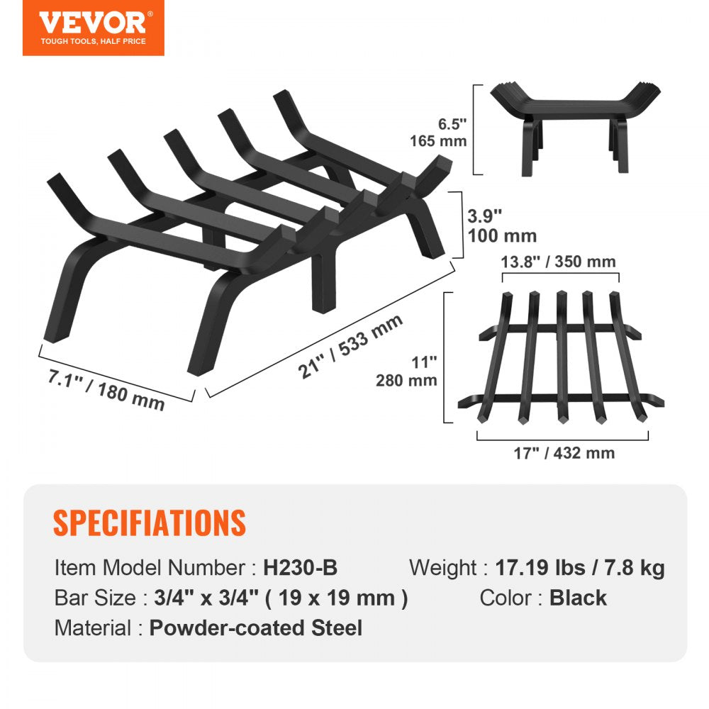 H230-B - 21" Heavy-Duty Black Steel Fireplace Log Grate