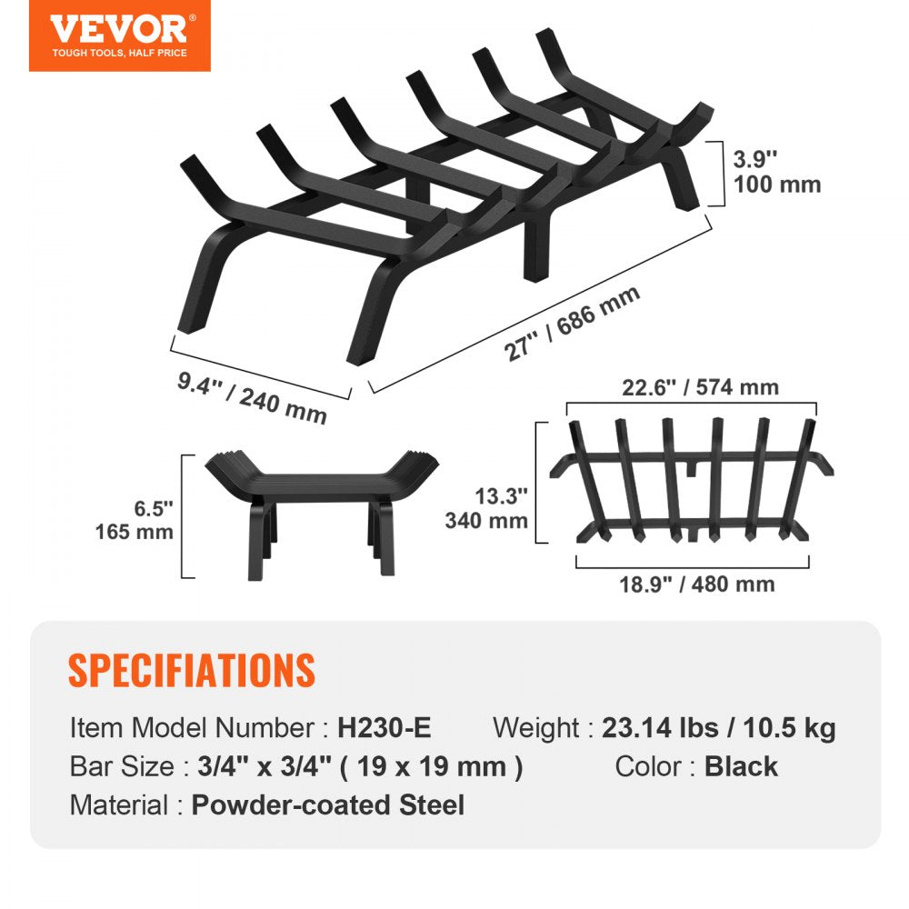 H230-E - 27" Heavy-Duty Steel Fireplace Log Grate with 6 Legs