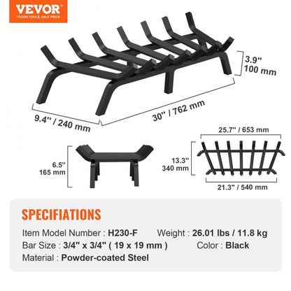 H230-F - 30" Heavy-Duty Steel Fireplace Grate with 6 Legs