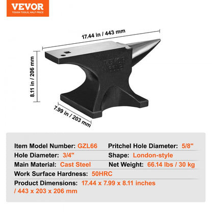 GZL66 - Durable Cast Steel Anvil 10.35" for Blacksmithing, 66Lbs