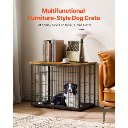 HFWDC03-02 - Elegant 33" Wooden Dog Crate with Dual Doors and Tray