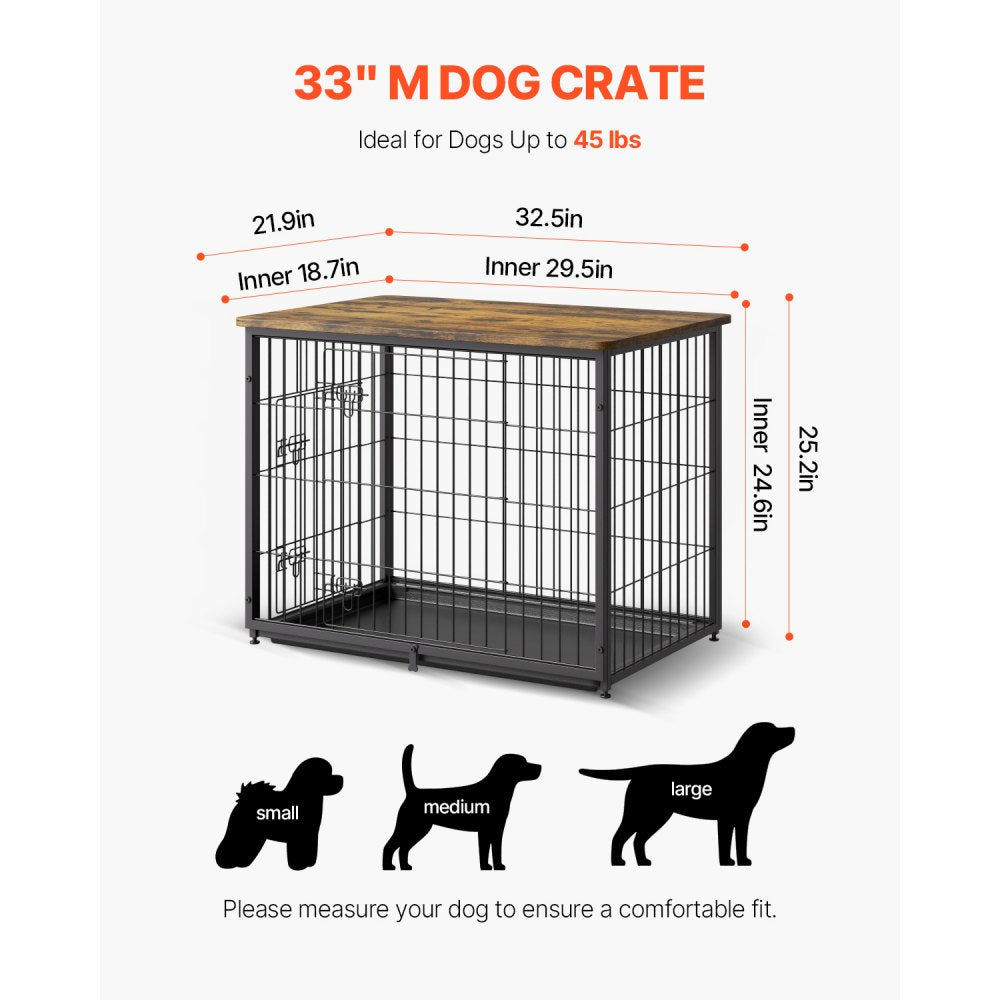 HFWDC03-02 - Elegant 33" Wooden Dog Crate with Dual Doors and Tray