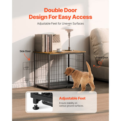 HFWDC03-02 - Elegant 33" Wooden Dog Crate with Dual Doors and Tray