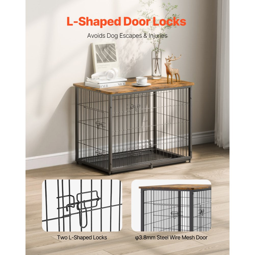 HFWDC03-02 - Elegant 33" Wooden Dog Crate with Dual Doors and Tray