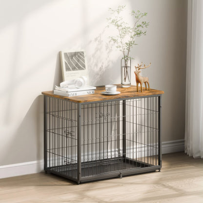 HFWDC03-02 - Elegant 33" Wooden Dog Crate with Dual Doors and Tray