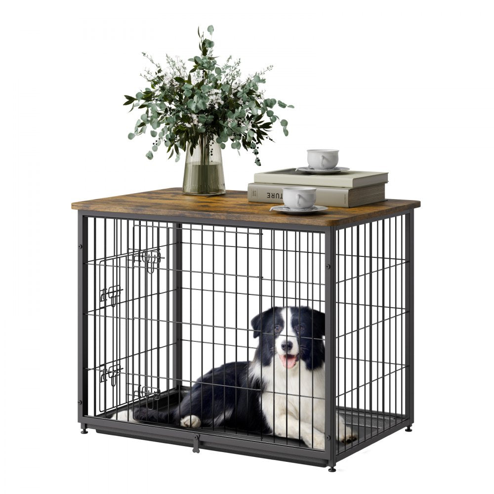 HFWDC03-02 - Elegant 33" Wooden Dog Crate with Dual Doors and Tray
