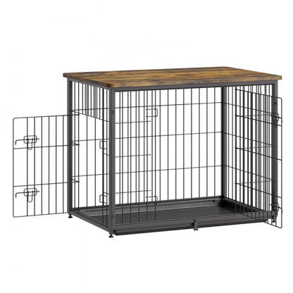 HFWDC03-02 - Elegant 33" Wooden Dog Crate with Dual Doors and Tray