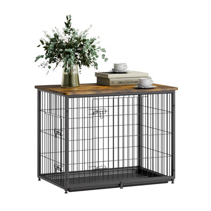 HFWDC03-02 - Elegant 33" Wooden Dog Crate with Dual Doors and Tray