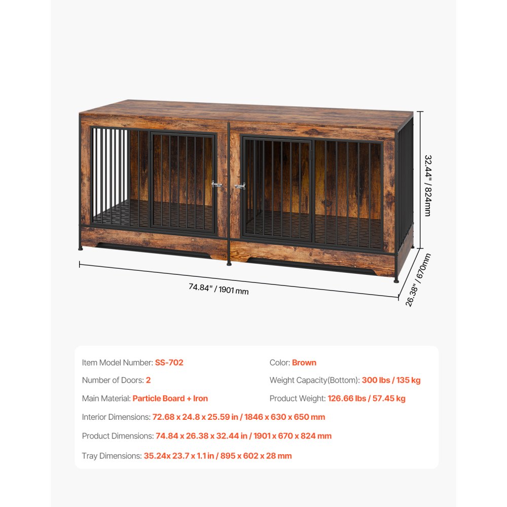 SS-702 - Elegant Wooden Dog Crate with Divider & Dual Doors