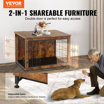 HFWDC02-03 - Rustic 38.6" Wooden Dog Crate Furniture with Double Doors