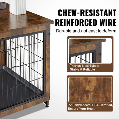 HFWDC02-03 - Rustic 38.6" Wooden Dog Crate Furniture with Double Doors