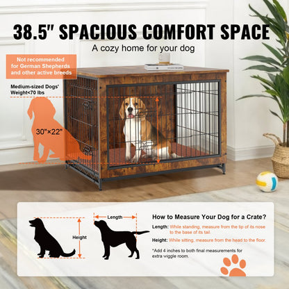 HFWDC02-03 - Rustic 38.6" Wooden Dog Crate Furniture with Double Doors