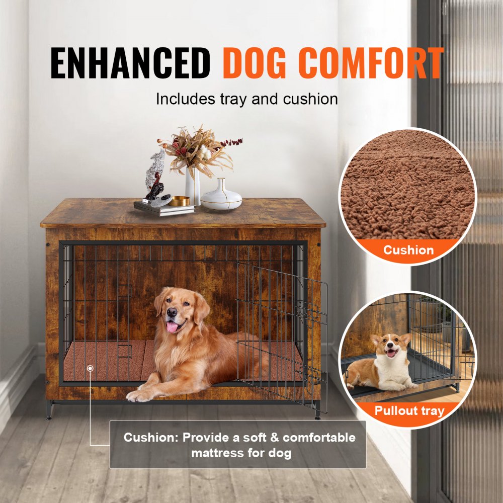 HFWDC02-03 - Rustic 38.6" Wooden Dog Crate Furniture with Double Doors
