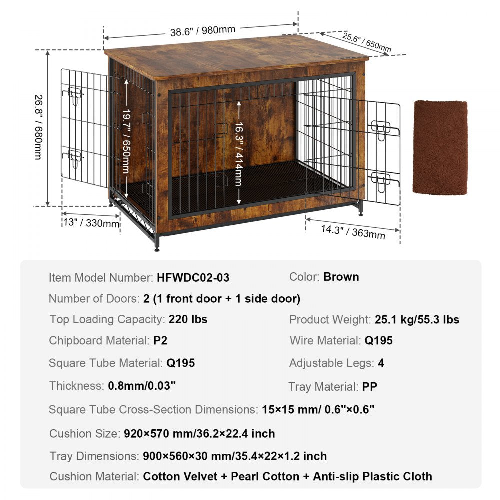 HFWDC02-03 - Rustic 38.6" Wooden Dog Crate Furniture with Double Doors