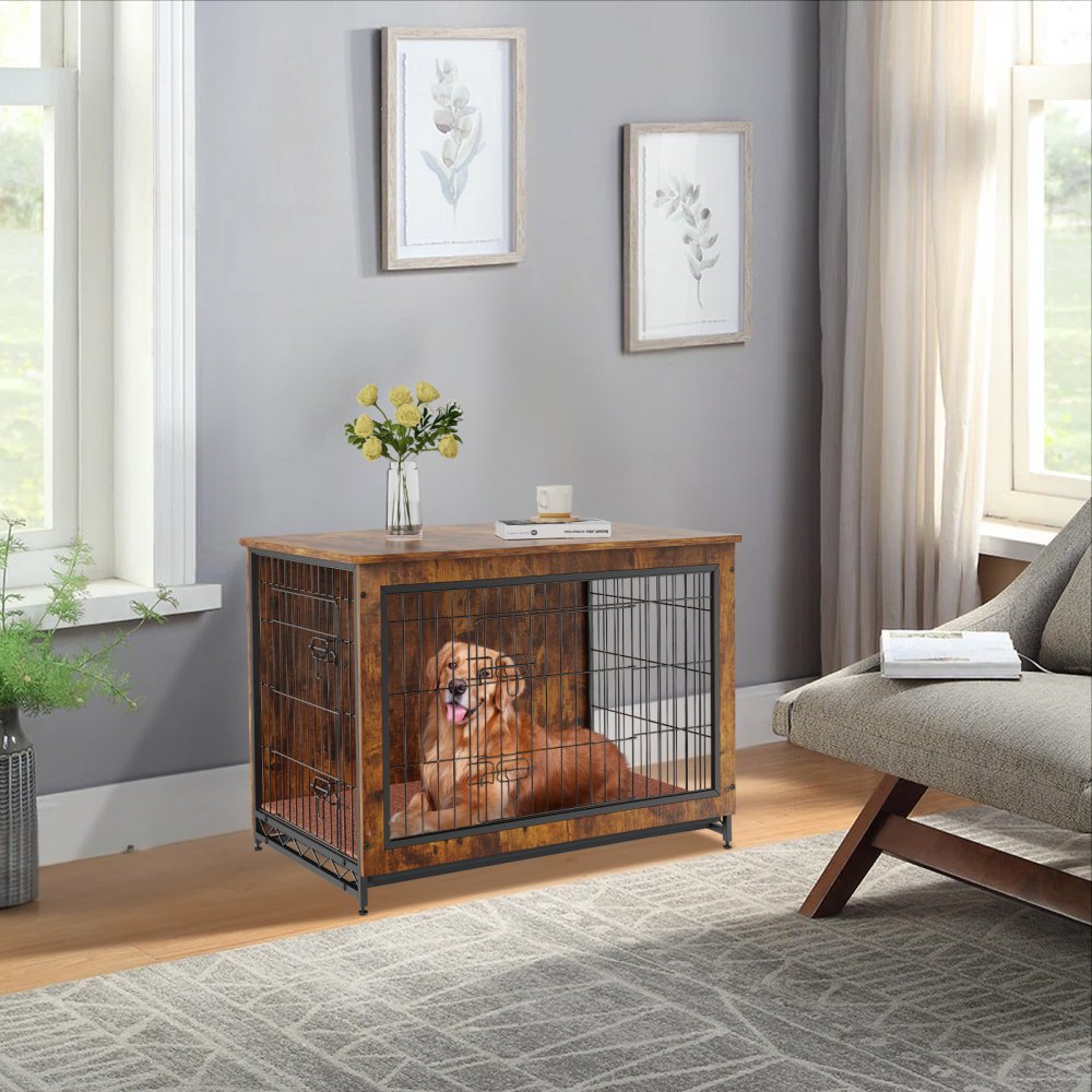 HFWDC02-03 - Rustic 38.6" Wooden Dog Crate Furniture with Double Doors
