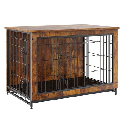 HFWDC02-03 - Rustic 38.6" Wooden Dog Crate Furniture with Double Doors