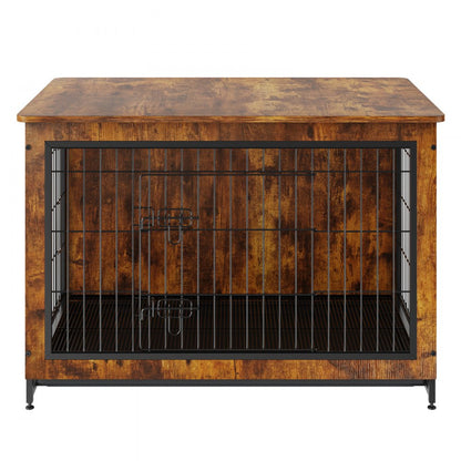 HFWDC02-03 - Rustic 38.6" Wooden Dog Crate Furniture with Double Doors