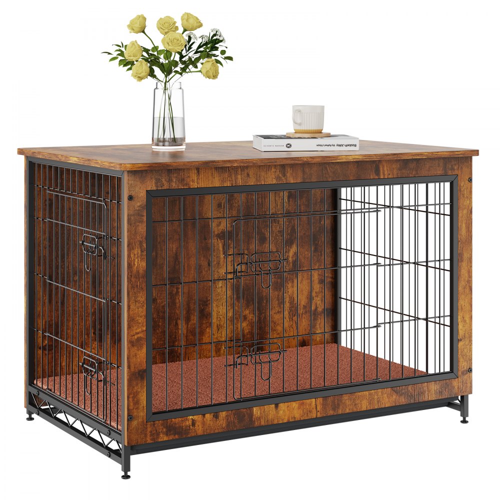 HFWDC02-03 - Rustic 38.6" Wooden Dog Crate Furniture with Double Doors