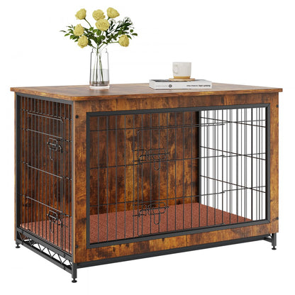 HFWDC02-03 - Rustic 38.6" Wooden Dog Crate Furniture with Double Doors