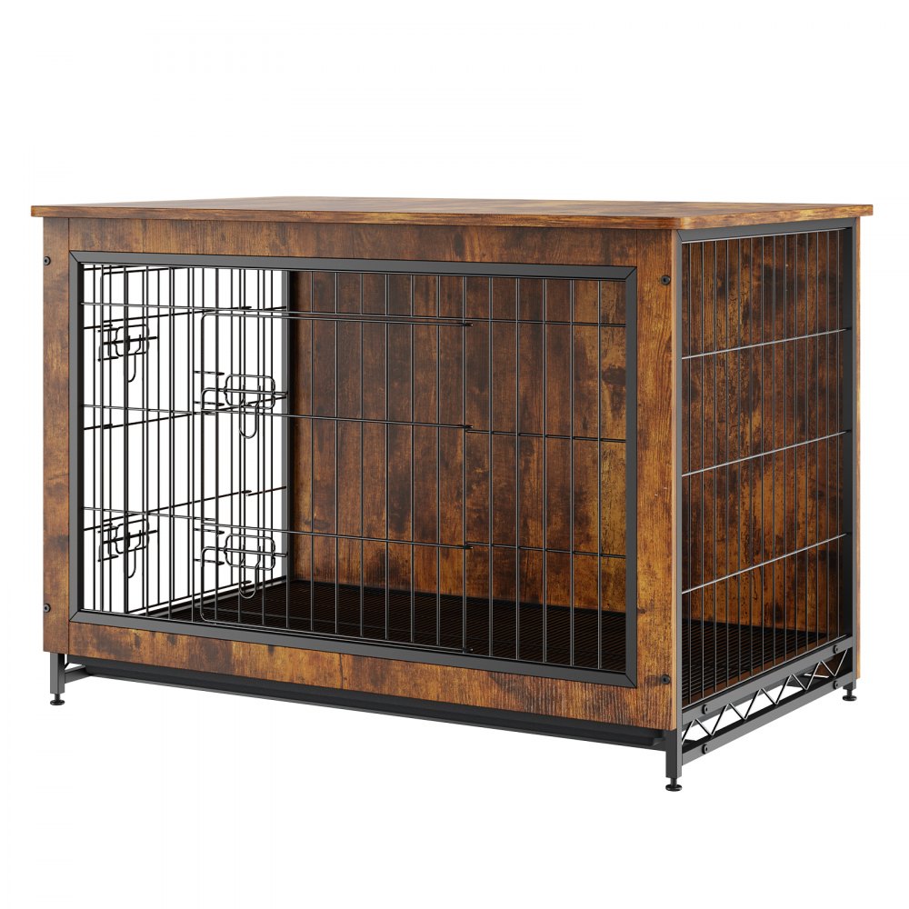 HFWDC02-03 - Rustic 38.6" Wooden Dog Crate Furniture with Double Doors