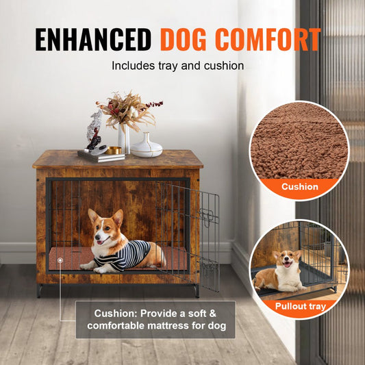 HFWDC02-02 - 32" Rustic Brown Dog Crate End Table with Double Doors