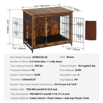 HFWDC02-02 - 32" Rustic Brown Dog Crate End Table with Double Doors