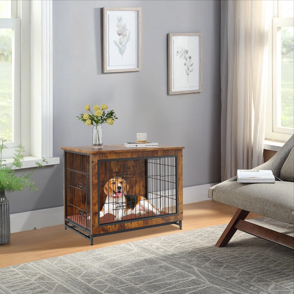HFWDC02-02 - 32" Rustic Brown Dog Crate End Table with Double Doors