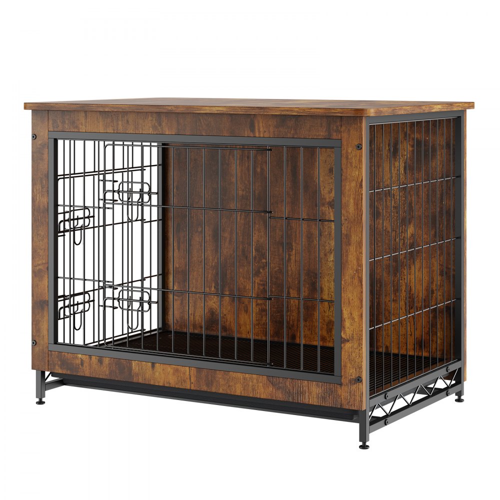 HFWDC02-02 - 32" Rustic Brown Dog Crate End Table with Double Doors