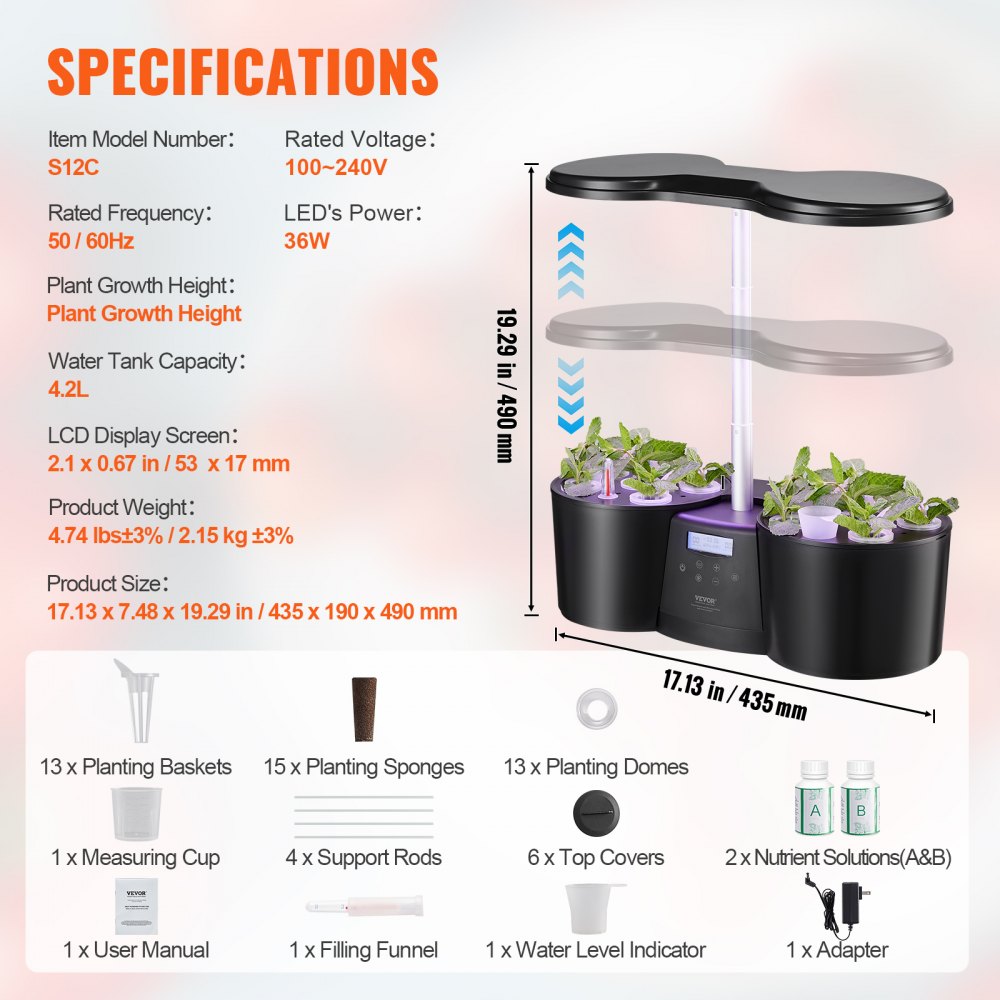 S12C - VEVOR 12-Pod Indoor Hydroponics System with LED Grow Light