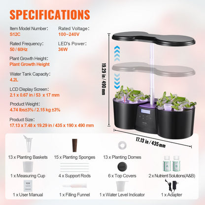 S12C - VEVOR 12-Pod Indoor Hydroponics System with LED Grow Light