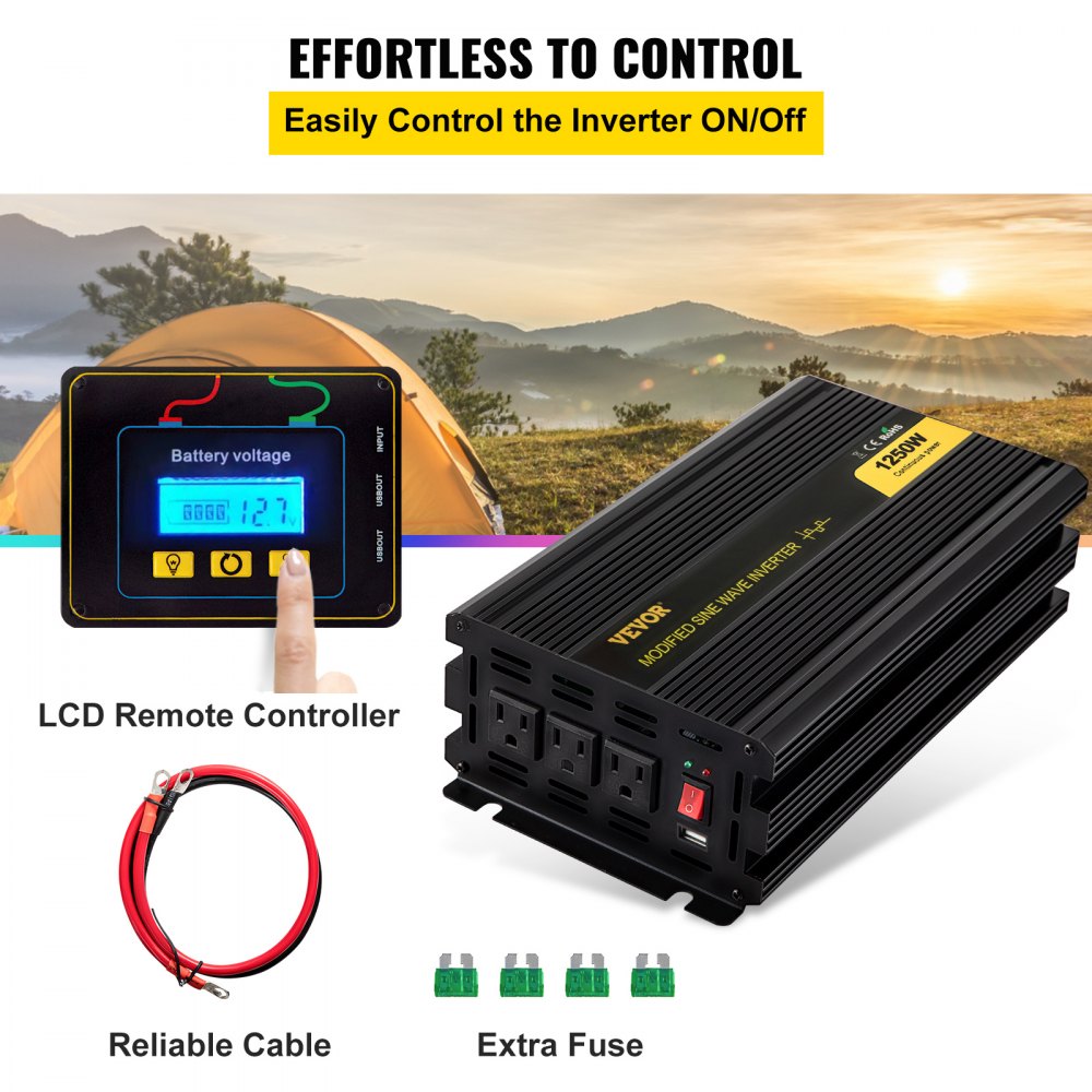 GYM-1250W - Durable 1250W VEVOR Inverter with LCD Control for RV & Solar