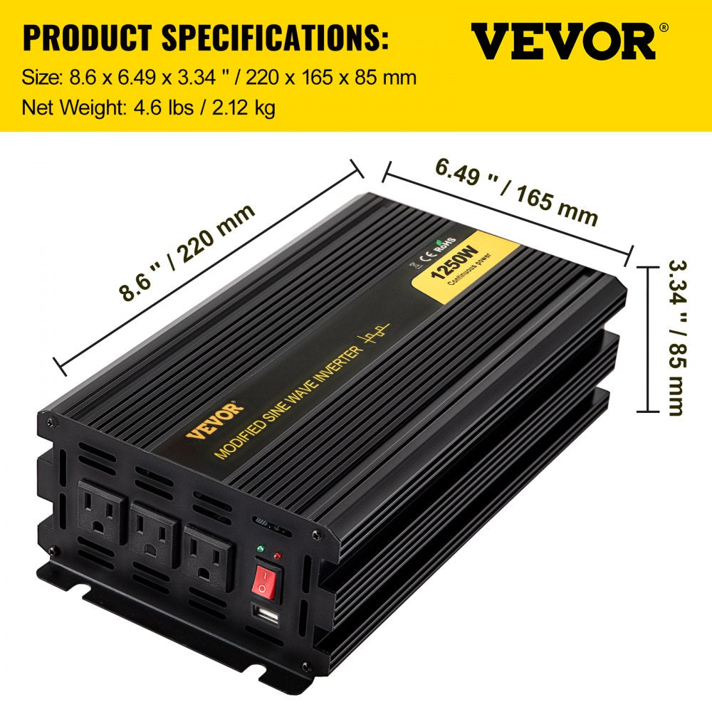 GYM-1250W - Durable 1250W VEVOR Inverter with LCD Control for RV & Solar
