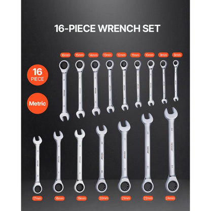 J0016H - 16-Piece Chrome Vanadium Wrench Set, 8mm to 24mm Range