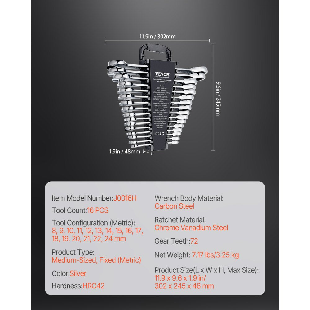 J0016H - 16-Piece Chrome Vanadium Wrench Set, 8mm to 24mm Range