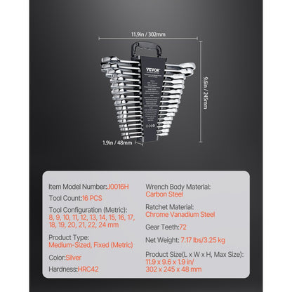 J0016H - 16-Piece Chrome Vanadium Wrench Set, 8mm to 24mm Range
