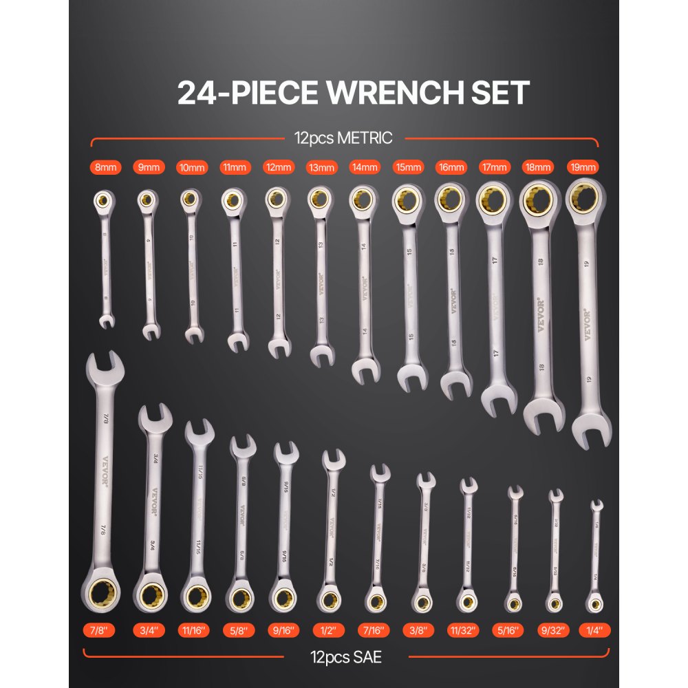 J0024H - 24-Piece SAE/Metric Wrench Set with 72-Tooth Ratchet