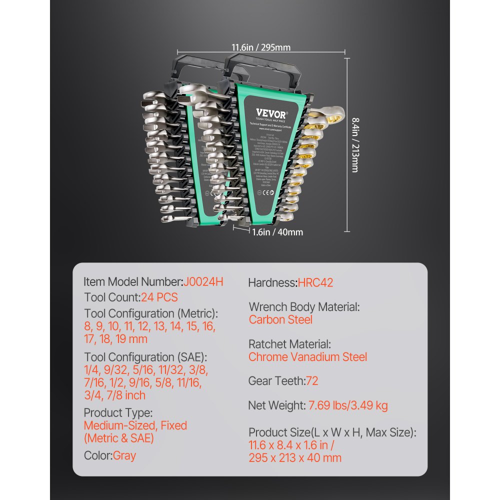 J0024H - 24-Piece SAE/Metric Wrench Set with 72-Tooth Ratchet