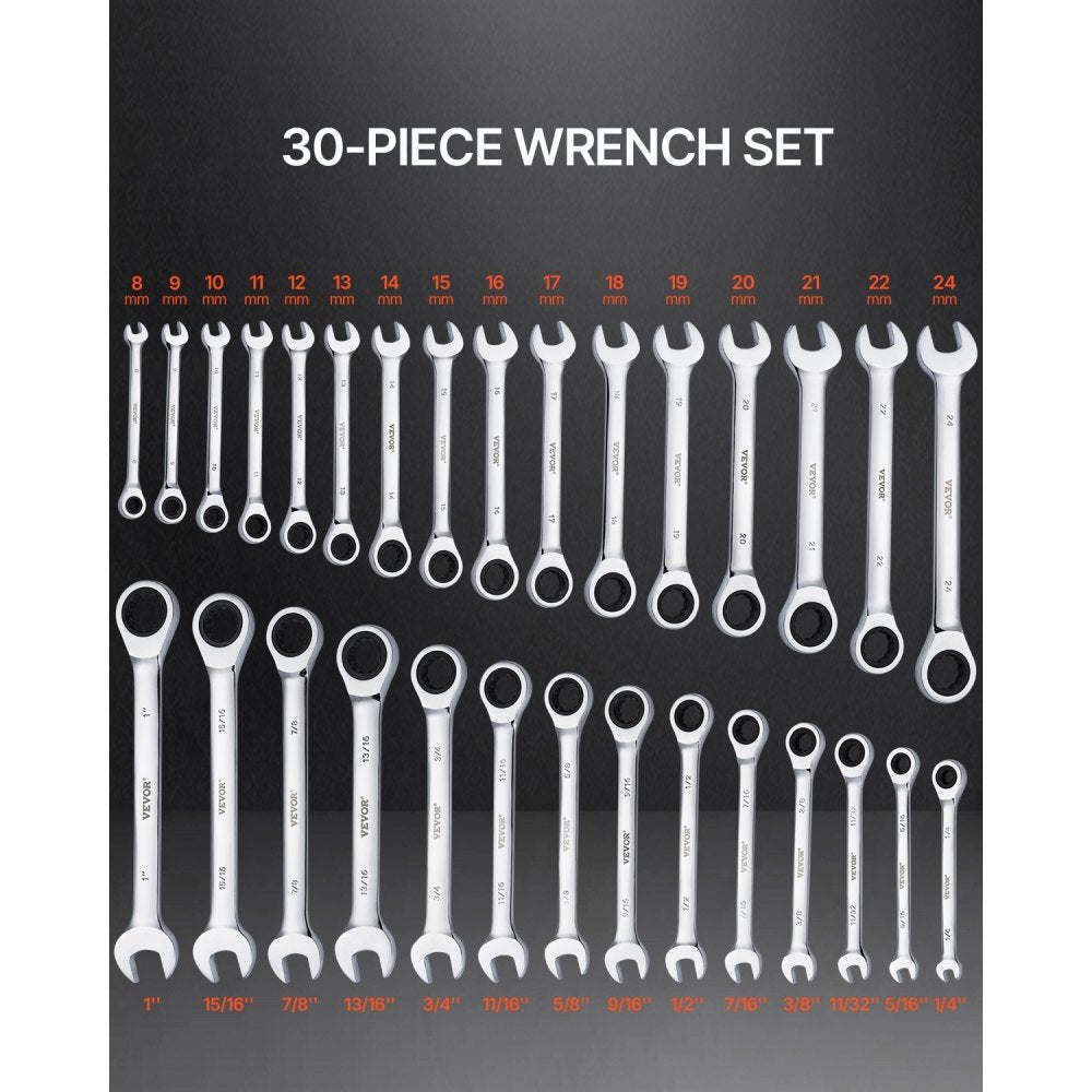J0030H - 30-Piece Durable Wrench Set with 72-Tooth Ratchet, Metric & SAE