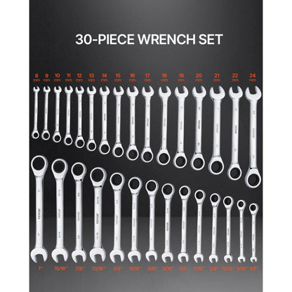J0030H - 30-Piece Durable Wrench Set with 72-Tooth Ratchet, Metric & SAE