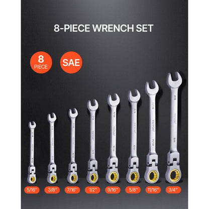 J008BY - 8-Piece Flex-Head Ratcheting Wrench Set, SAE 5/16"-3/4"