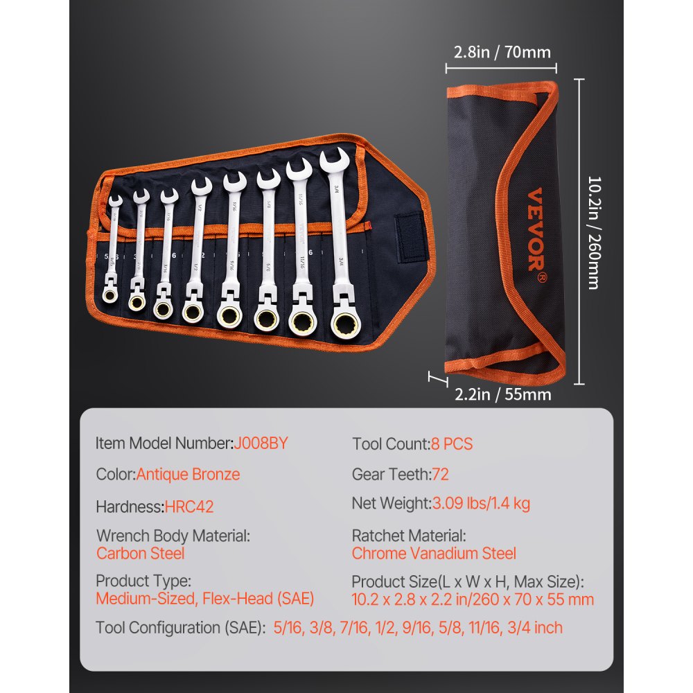 J008BY - 8-Piece Flex-Head Ratcheting Wrench Set, SAE 5/16"-3/4"
