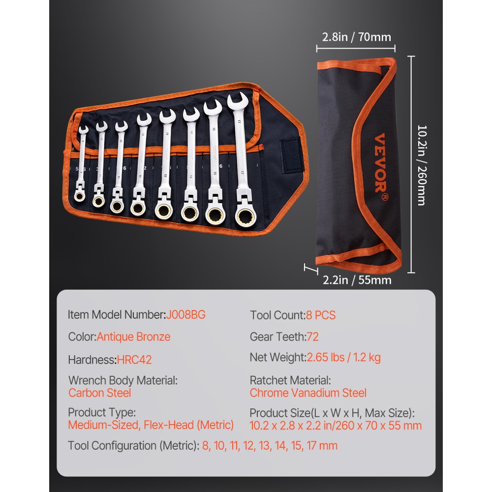 J008BG - 8-Piece Flex-Head Ratchet Wrench Set 8 mm to 17 mm